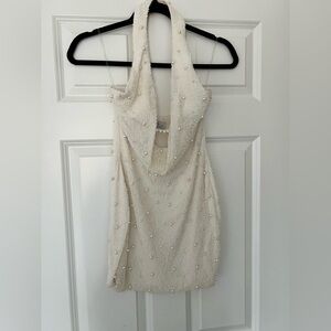 Oh Polly Pearl-Studded White Halter Backless Dress